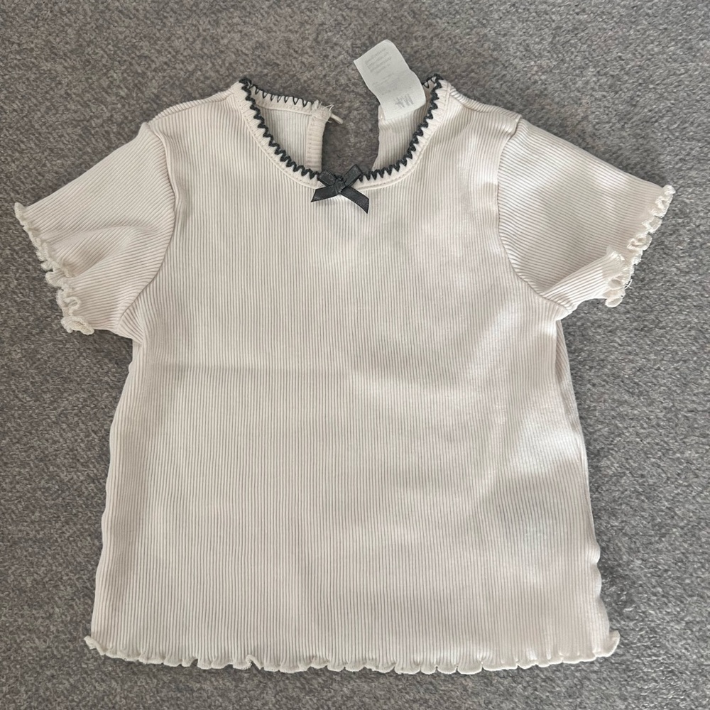 White Ribbed Top with Olive Trim